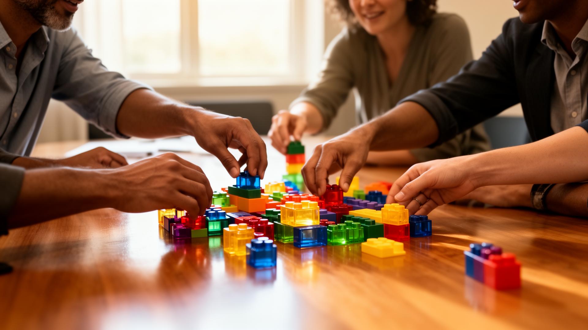 Hands building with colorful blocks in a SERIOUS PLAY® style strategy workshop