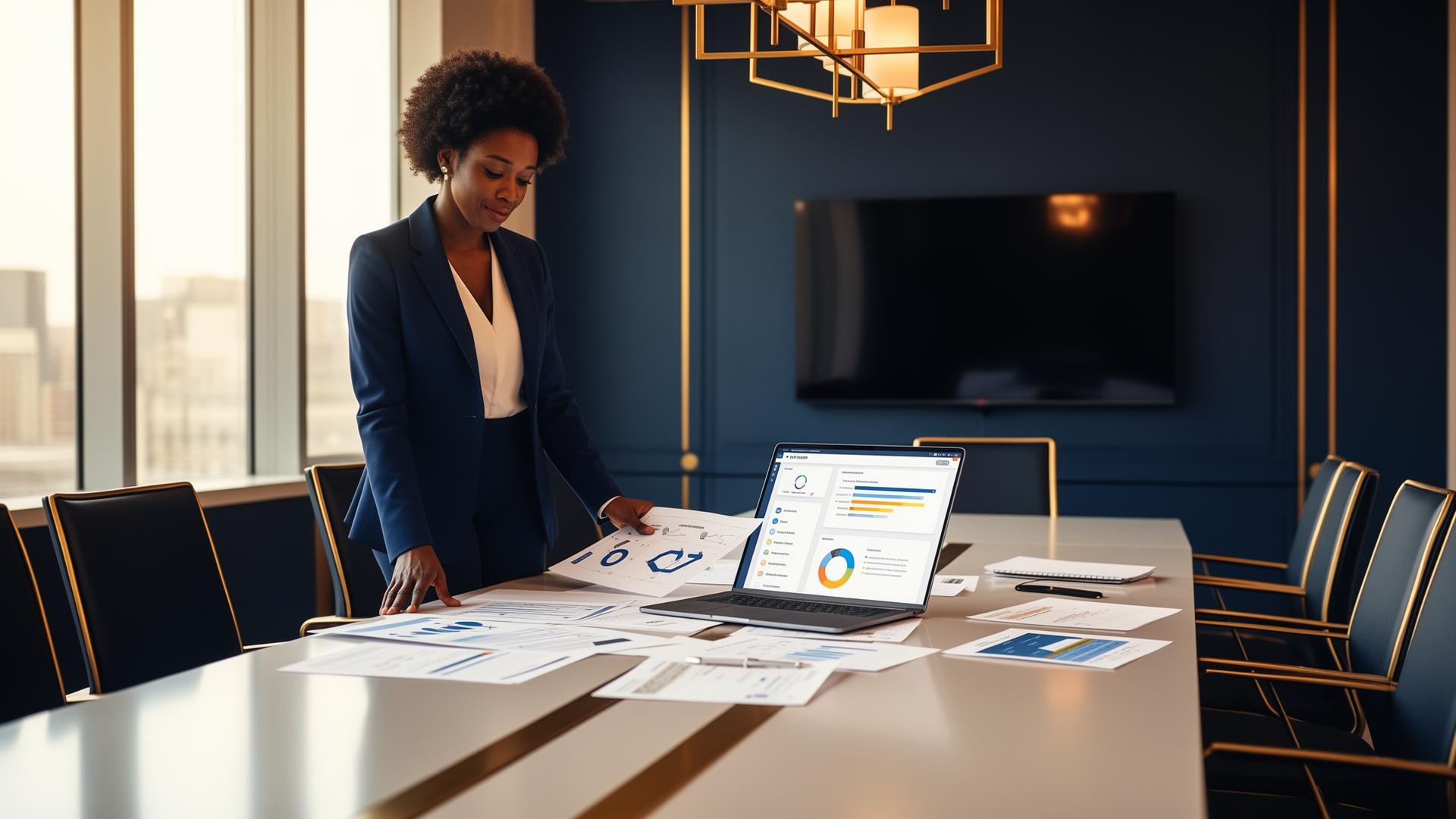 Executive reviewing HR strategy documents and analytics dashboards in a modern boardroom